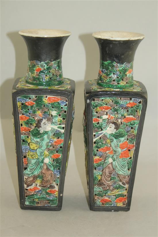 A pair of Chinese glazed biscuit porcelain double walled vases, 19th century, 29cm, one neck restored